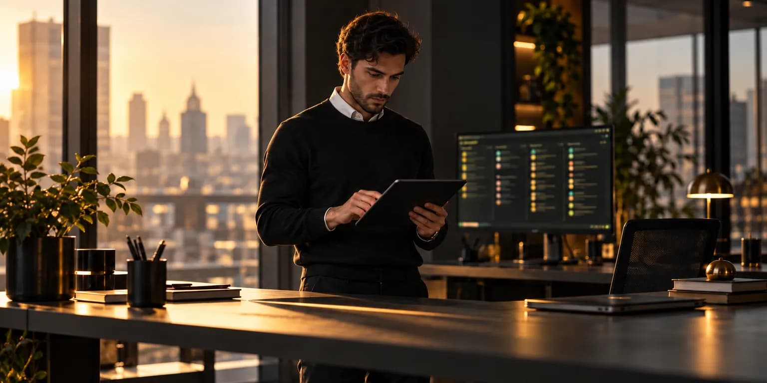A consultant reviewing prepared work on a tablet at a standing desk