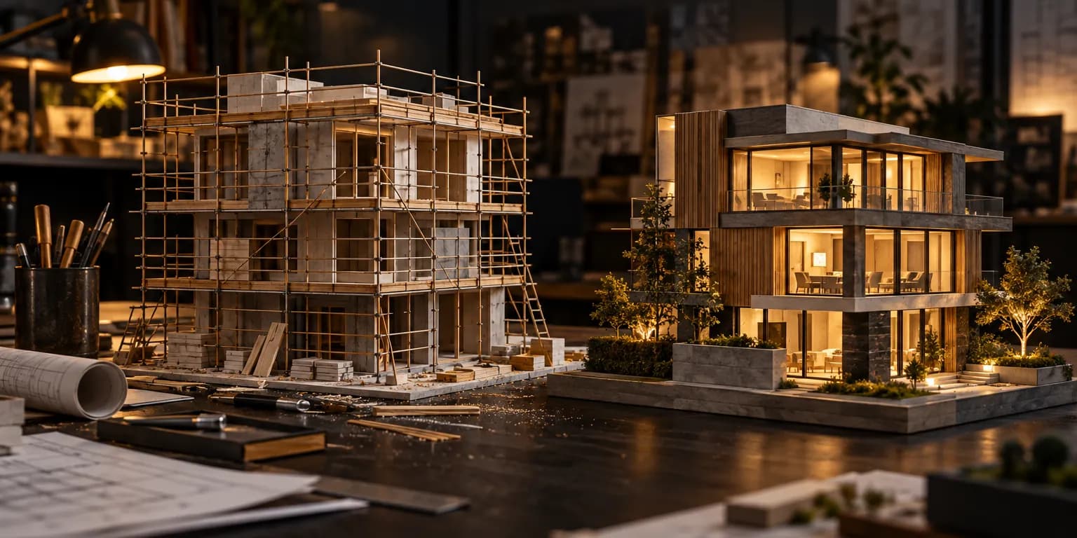 An unfinished model building beside a finished one