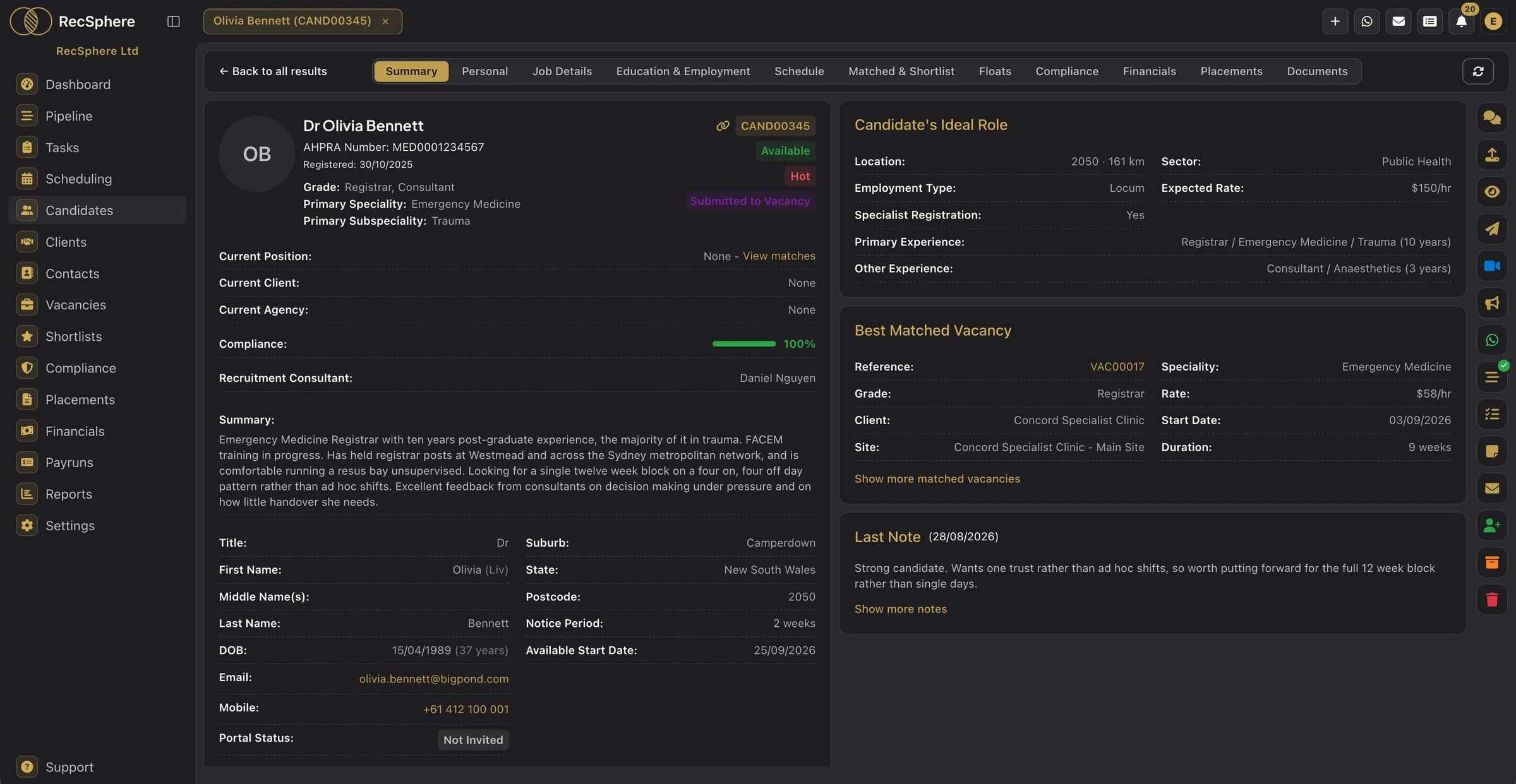 Candidate profile with ideal role and best matched vacancy
