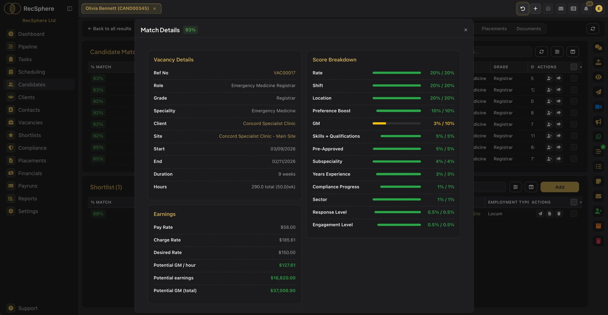 Match details with a score breakdown for a vacancy