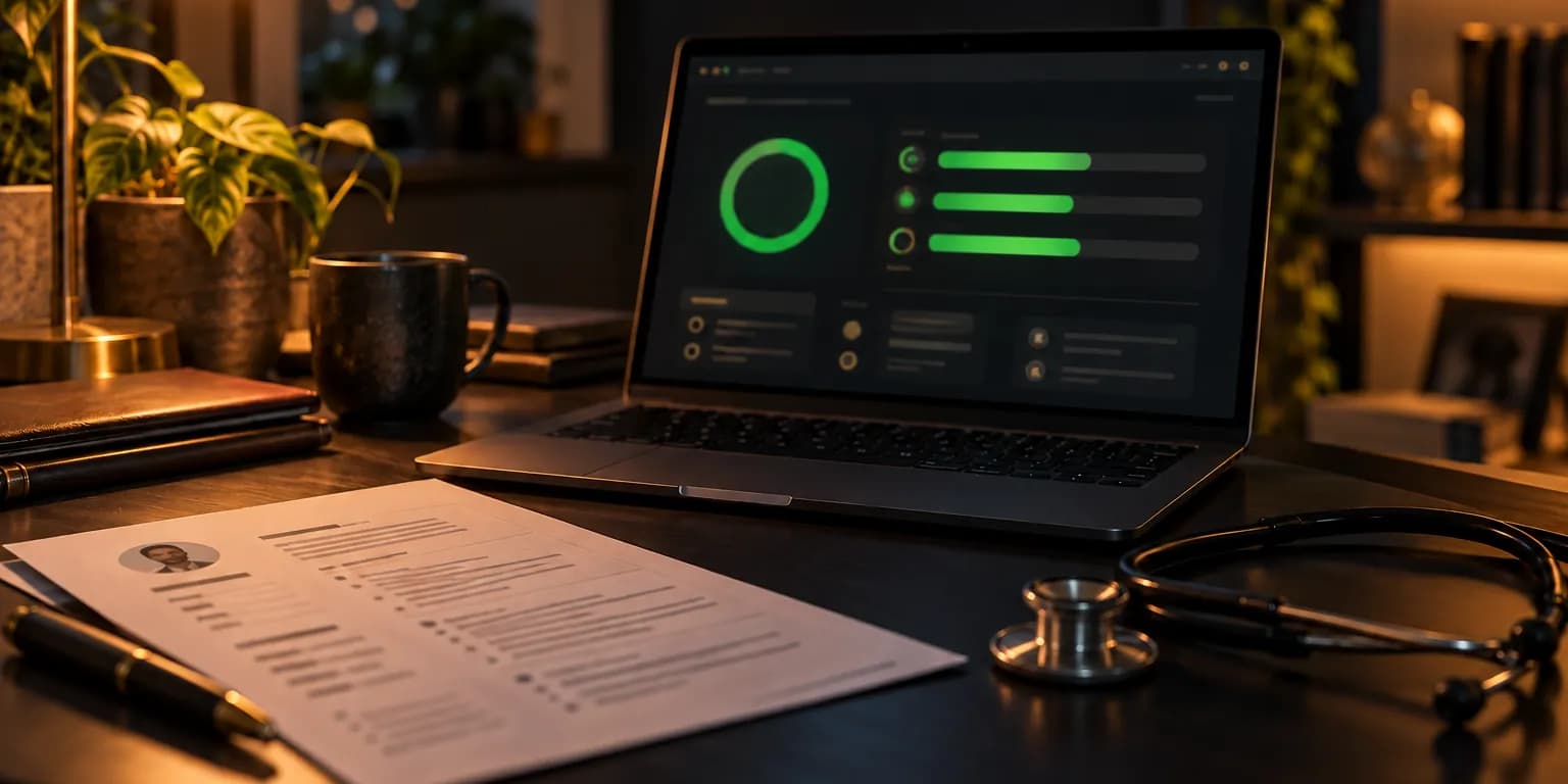 A laptop showing match score bars beside a printed CV and a stethoscope