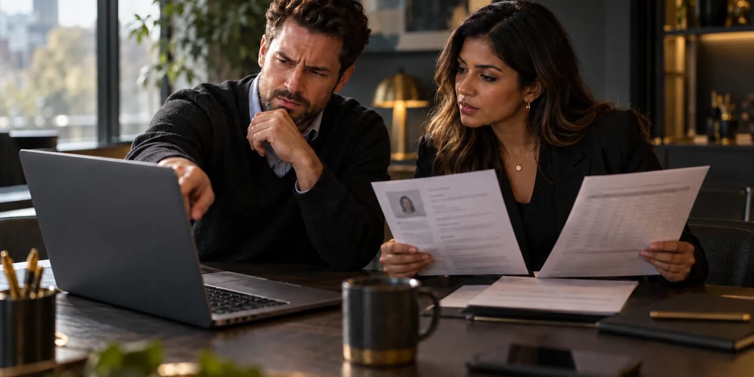 Two consultants checking software results against a printed CV and timesheet