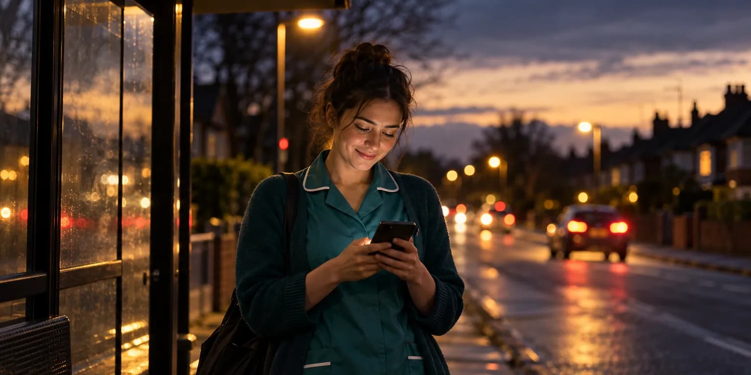 A care worker smiling at a text message at a bus stop at dusk
