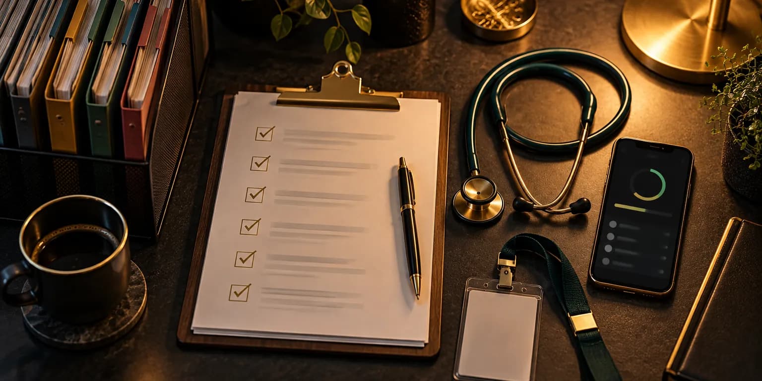 Compliance folders, a checklist and a stethoscope on a desk