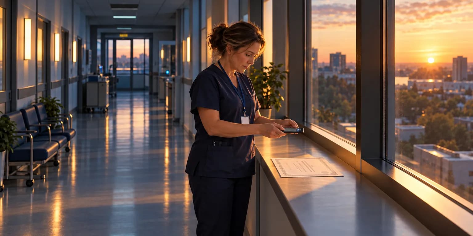 A nurse photographing a certificate on her phone in a hospital corridor at dawn