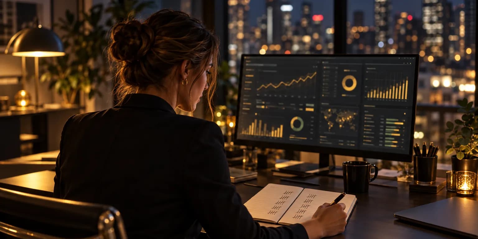 A consultant comparing tally marks in a notebook with charts on a monitor