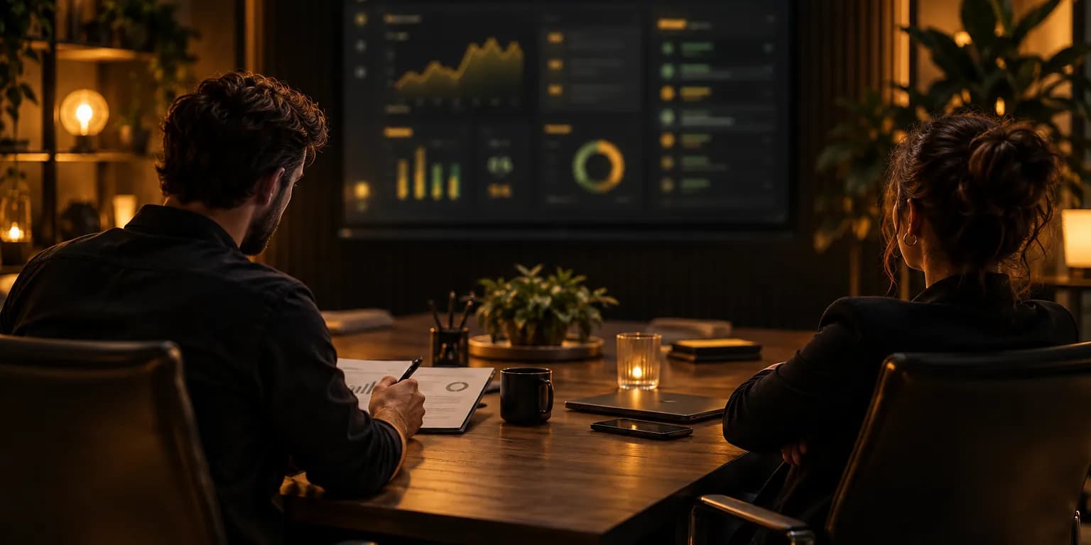 Two agency leaders evaluating a software demo on a wall screen