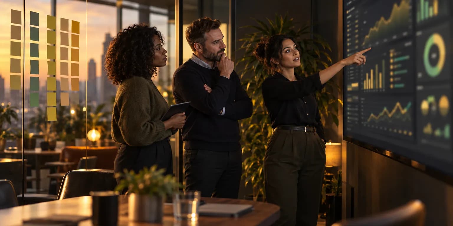 An agency operations team planning in front of a wall screen