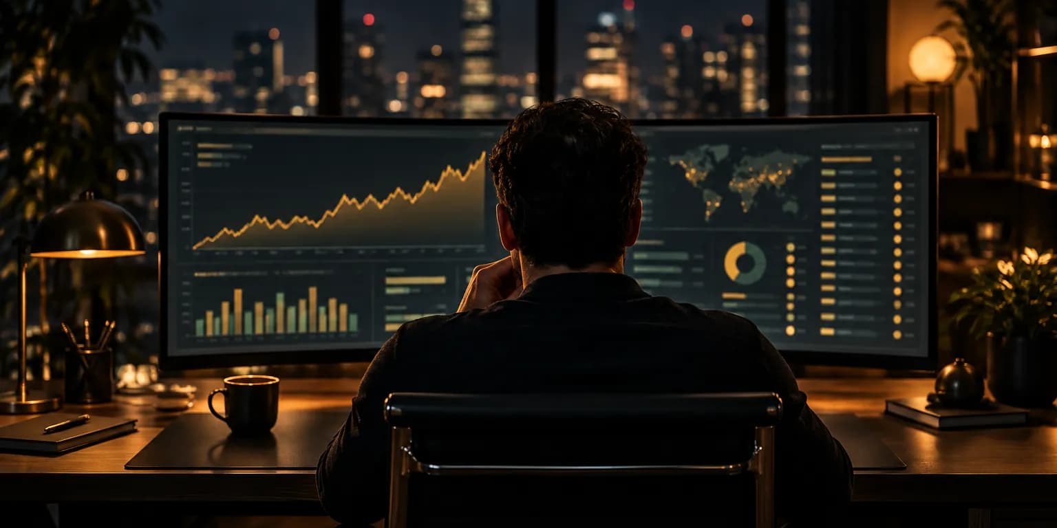 A manager reviewing a performance dashboard on a curved monitor