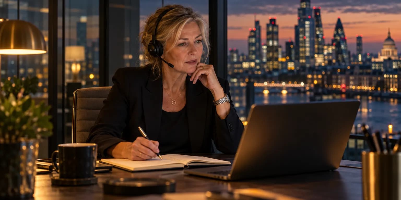 A consultant listening carefully on a client call at dusk