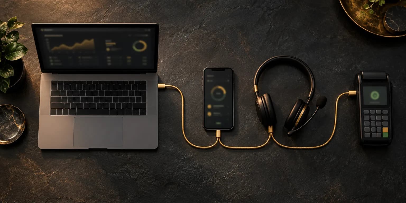 A laptop, phone and headset joined by a single gold cable