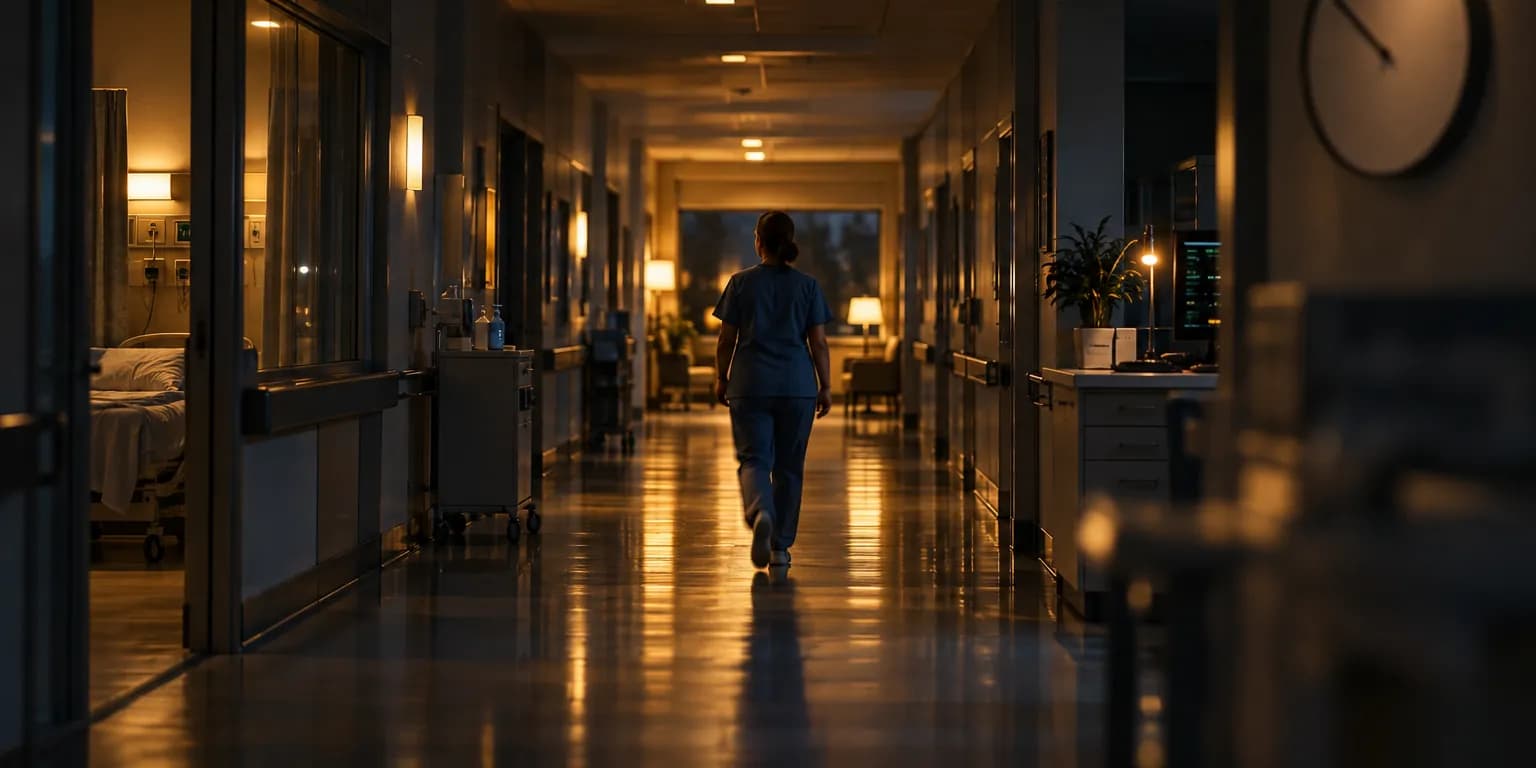 A nurse walking down a hospital corridor at night
