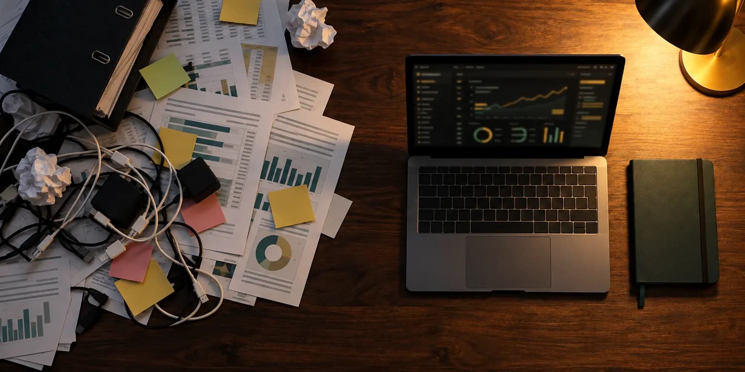 A cluttered desk of spreadsheets beside a tidy desk with a single laptop