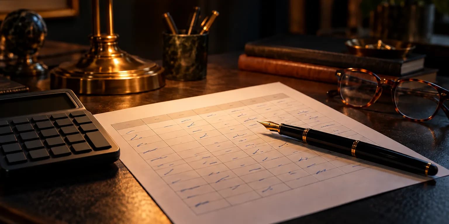 A paper timesheet with a calculator and pen under a desk lamp