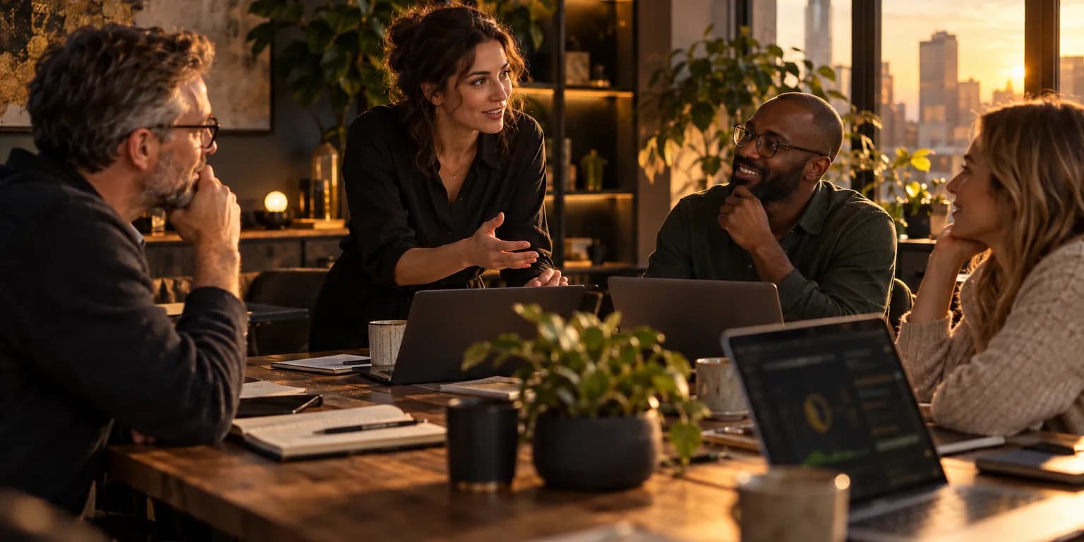 A small leadership team in discussion around a table