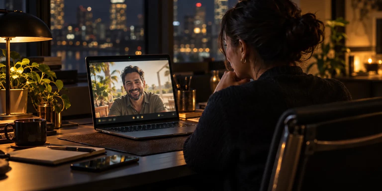 A manager in a night-time office on a video call with a colleague in morning light